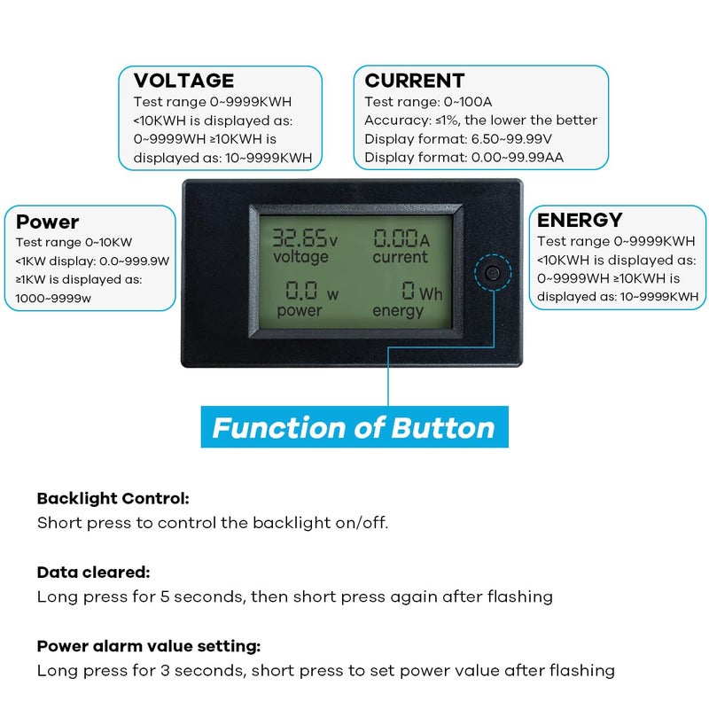 Hosyond عداد الطاقة الرقمي LCD 6.5-100V 0-100A لمراقبة الطاقة الجهد التيار الطاقة عداد الأمبير الفولتميتر الملتيمتر مع شنت 100A - Image 3